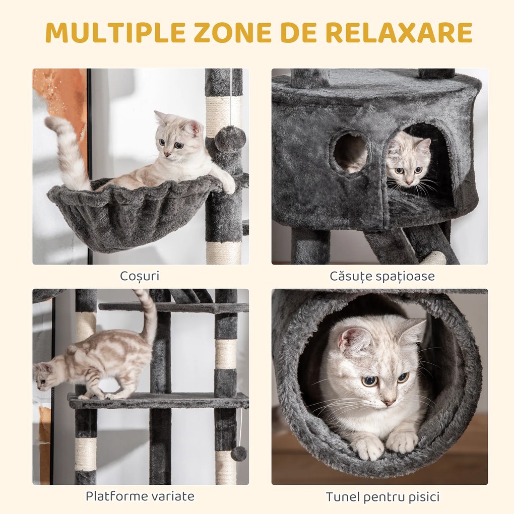 PawHut Ansamblu de Joacă de Tavan pentru Pisici Multinivel cu Înălțime Reglabilă 240-260 cm, cu Cuști și Scări, Gri | Aosom Romania