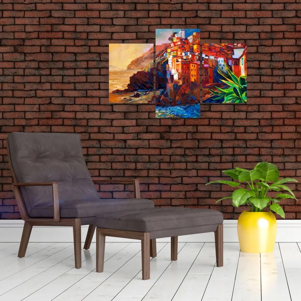 Tablou - Satul de coastă Cinque Terre, Riviera italiană, impresionismul modern (90x60 cm)