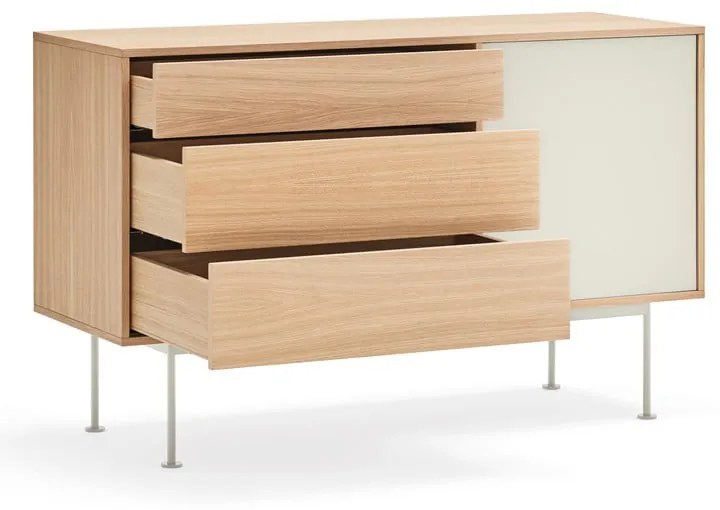 Comodă cu aspect de lemn de stejar Teulat Yoko, lățime 128 cm, alb-crem