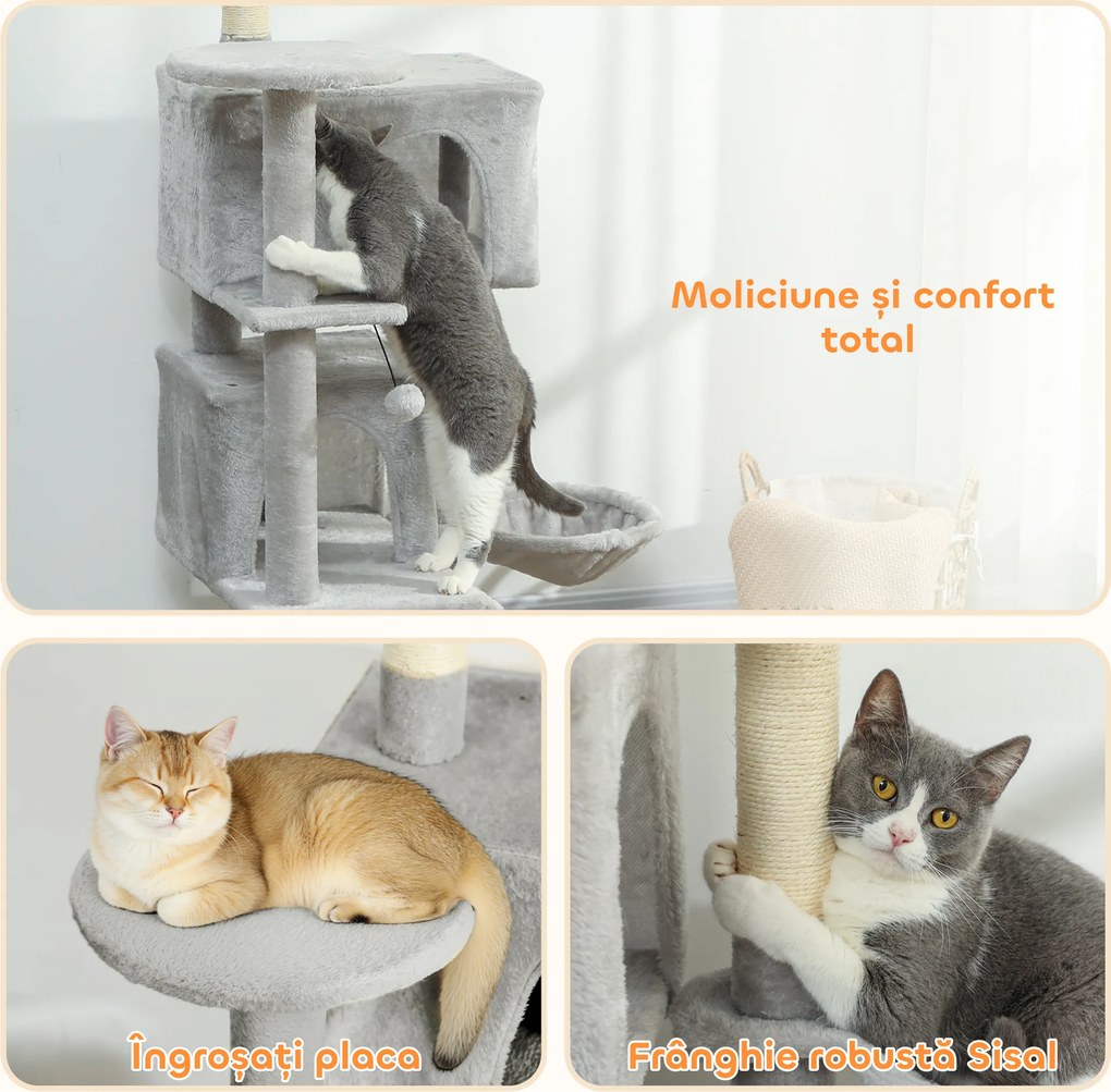PawHut Arbore Zgâriător pentru Pisici Înalt de 140 cm cu 2 Căsuțe, Hamac, Pat și Stâlpi din Sisal, Gri | Aosom Romania