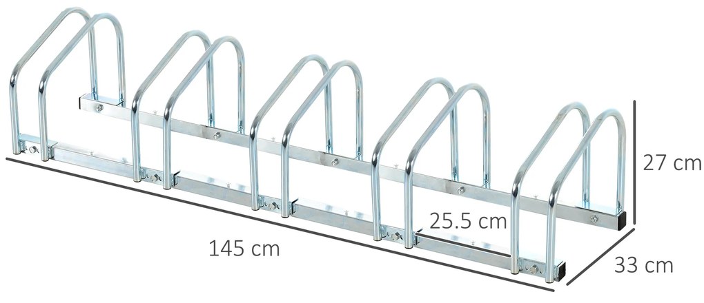 HOMCOM Suport de parcare pentru biciclete pentru 5 biciclete din otel, 145 × 33 × 27 cm, argintiu | Aosom Romania