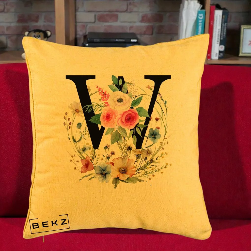 Cadou Personalizat - Perna Personalizata Monograma Florala Litera W, 40x40 cm, Galben, Husa Detasabila, Perna Inclusa, BEKZ®