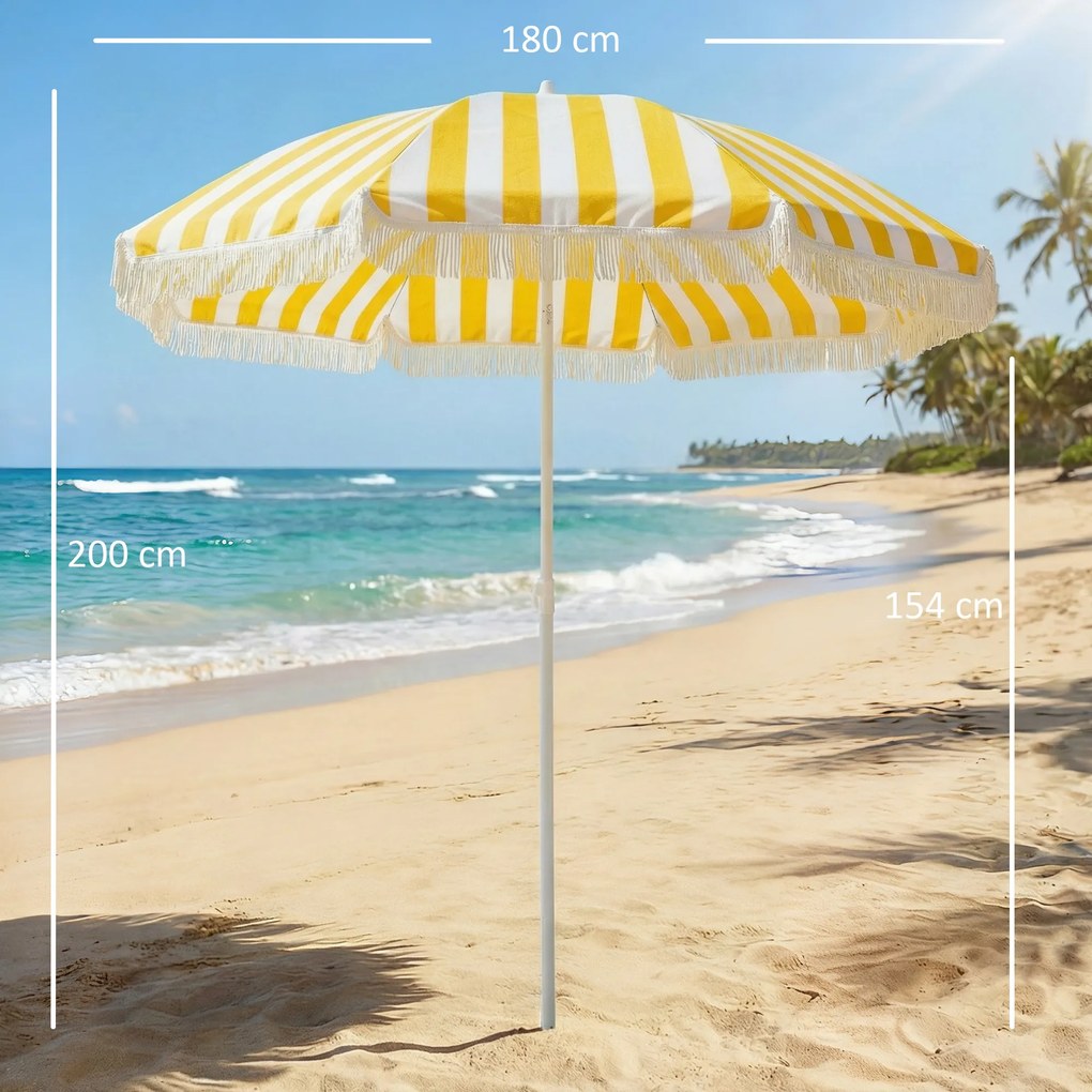 Outsunny Umbrelă de Plajă cu Franjuri Ø180 cm Umbrelă de Terasă Exterioară Înălțime Reglabilă Înclinare 30° Galben și Alb | Aosom Romania