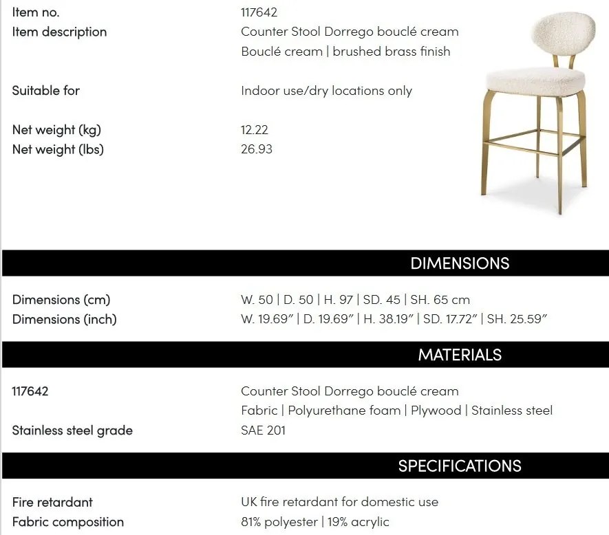 Scaun de bar elegant design LUX, Counter Stool Dorrego