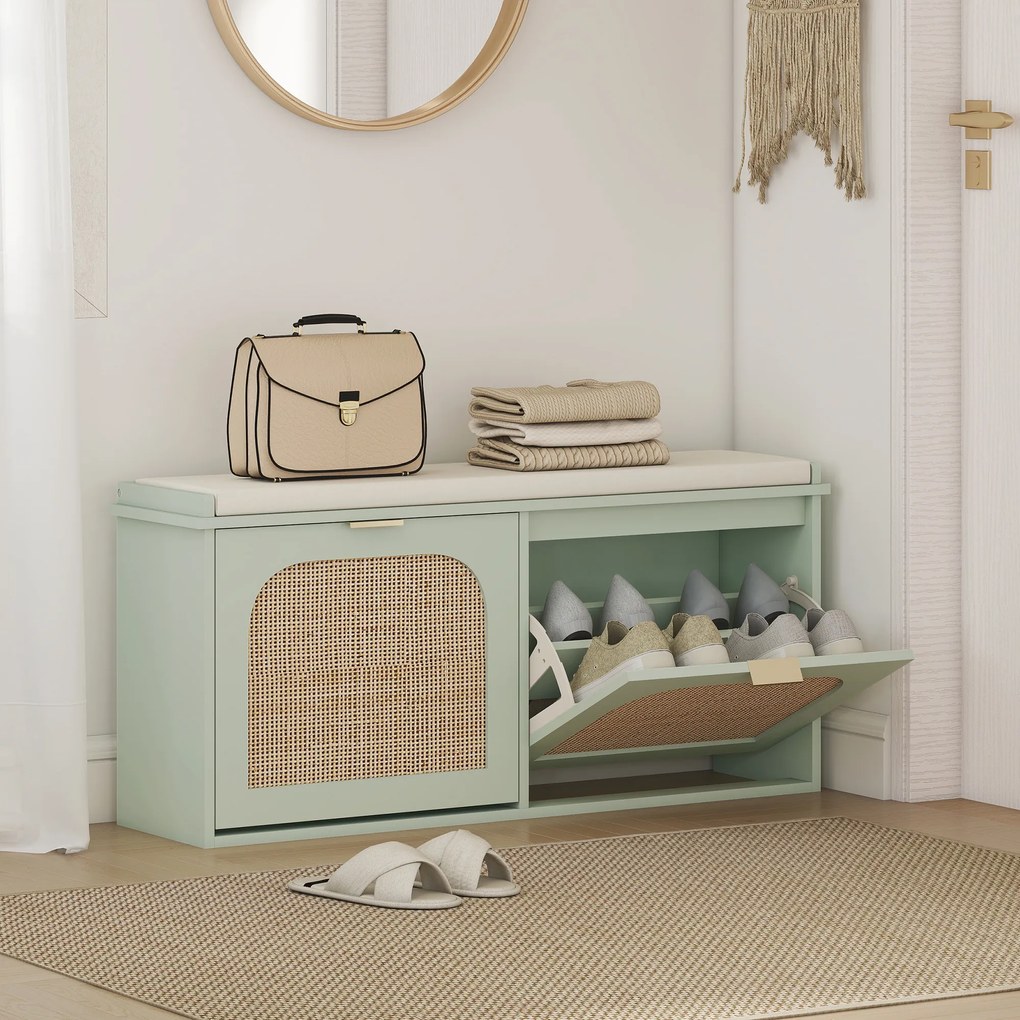 HOMCOM Bancă pentru încălțăminte, banc de depozitare, șezut căptușit, sertare rabatabile, ușă din ratan, 104 x 26 x 47,5 cm, verde | Aosom Romania