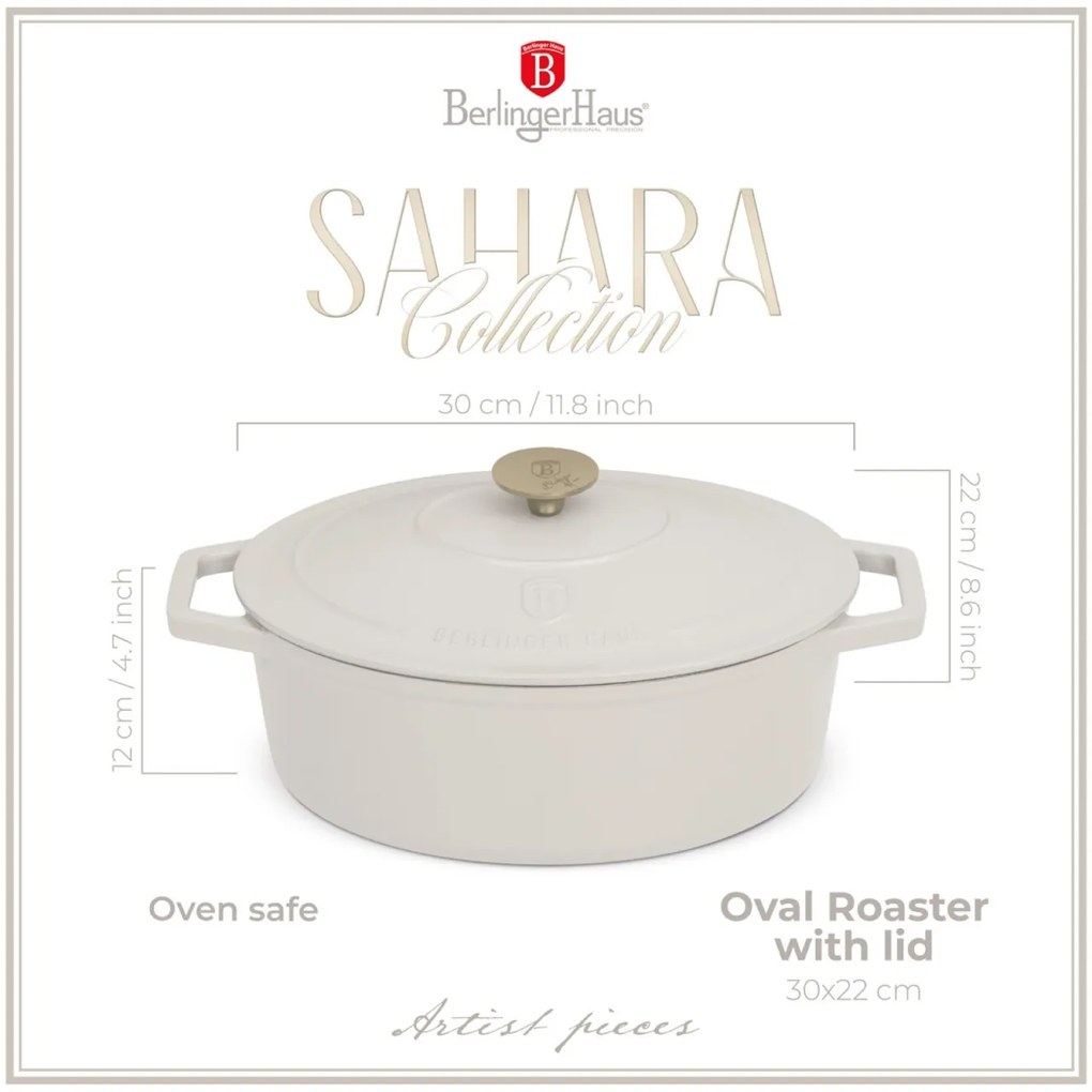 Oală din fontă emailată ovală cu capac 30 cm, 4.65L – Berlinger Haus Sahara Collection BH 6540, crem, pentru cuptor și coacere lentă
