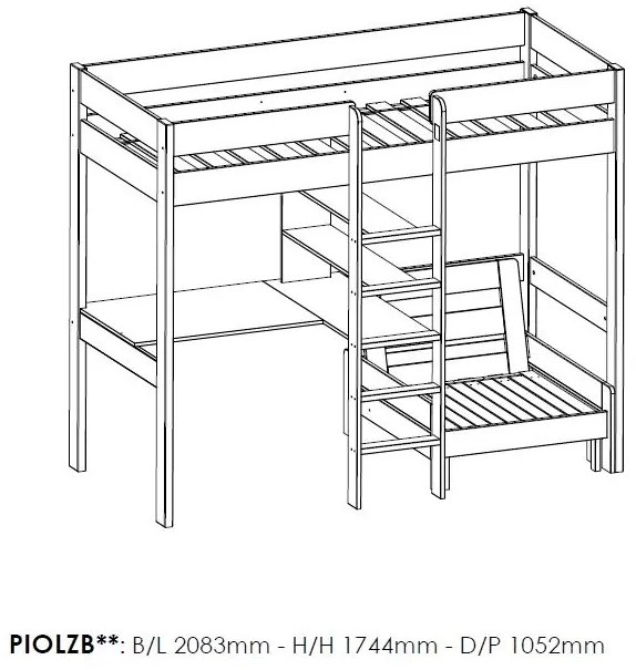 PINO Pat copii LOFT CU CANAPEA EXTENSIBILĂ 90 X 200 CM GRI