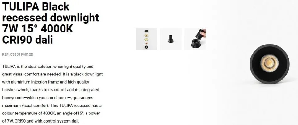 Spot LED incastrabil TULIPA Black recessed downlight 7W 15° 4000K CRI90 dali