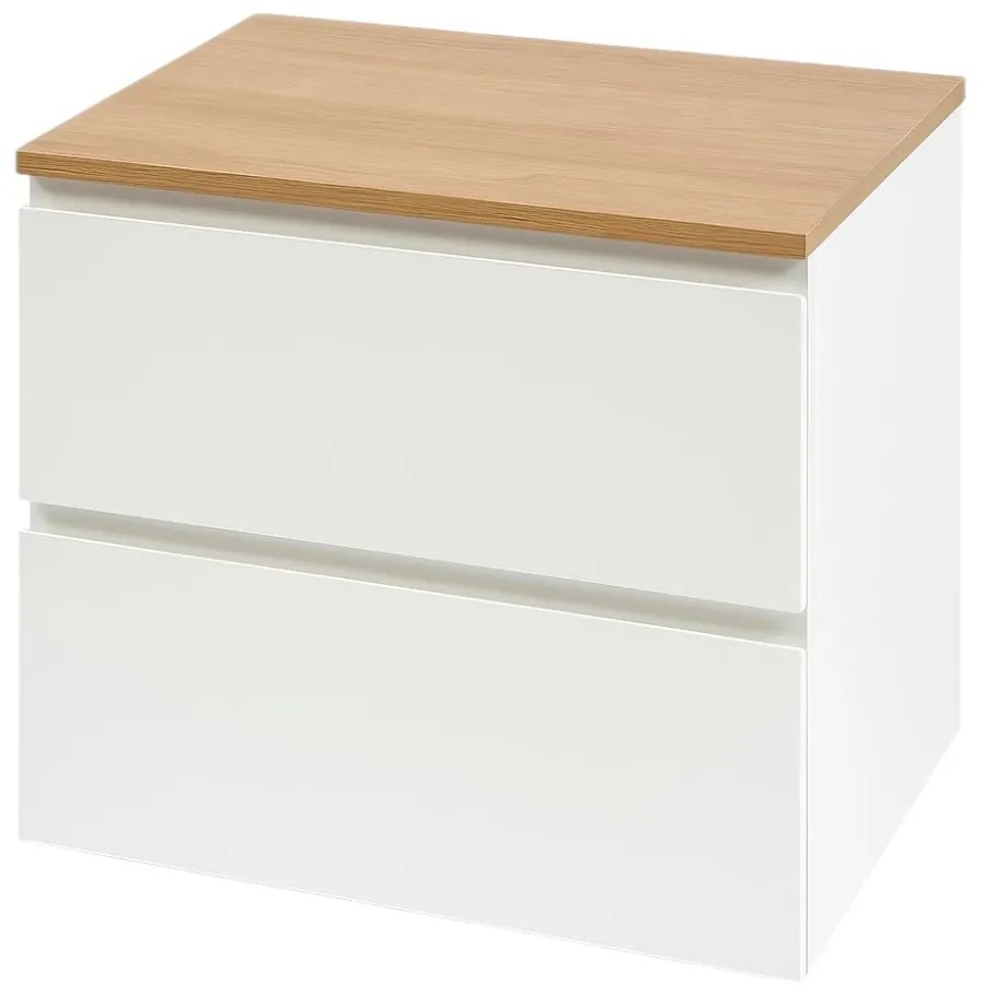 Set dulap baie 60 cm pentru lavoar pe blat, alb cu blat stejar, Cersanit Moduo