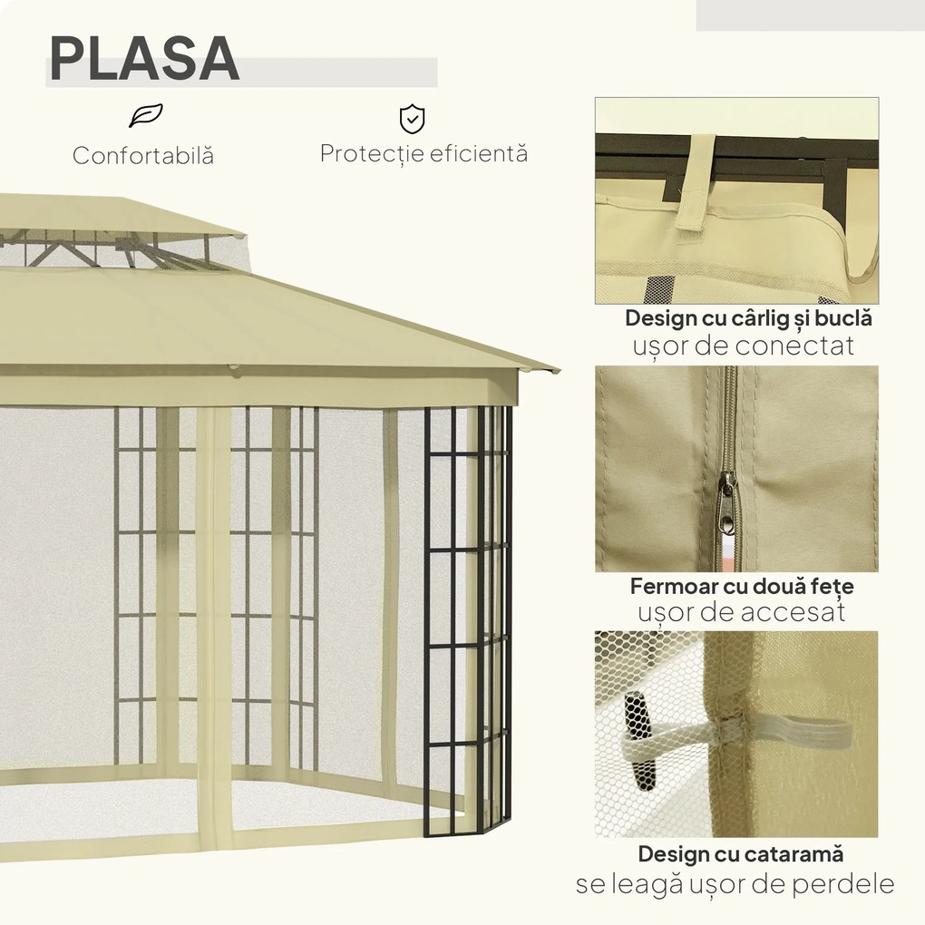 Outsunny Foisor de Gradina 3.65x3m,pavilion gradina cu Plasa, din Poliester si Metal, Negru, Bej | Aosom Romania