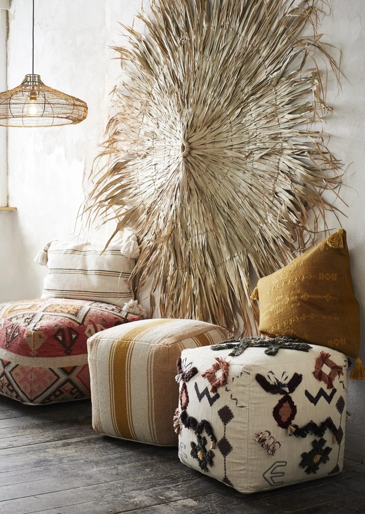 Pouf din lână țesut manual cu model kilim, 60×60×H30 cm, „Anara"