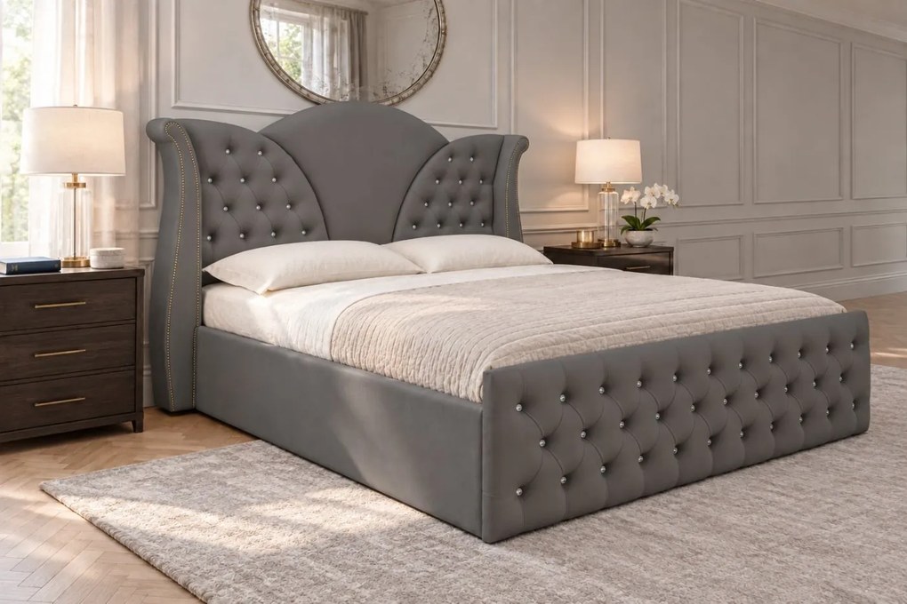 Pat tapițat Chesterfield din catifea Velora Cristal 140×200 cm, gri închis, cu ladă de depozitare