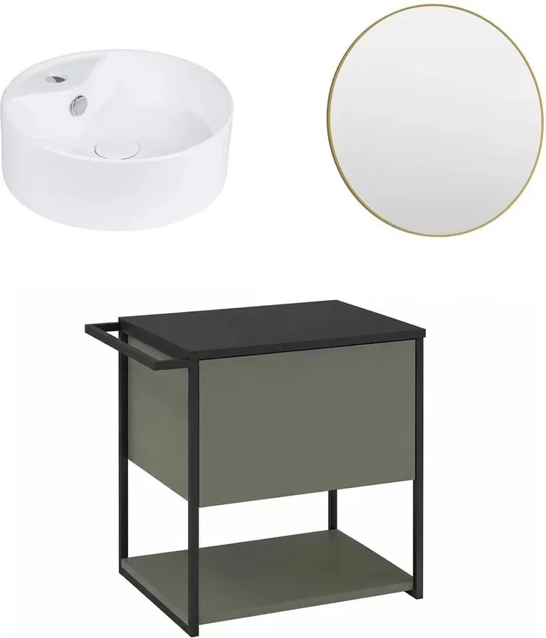 Set dulap baza suspendat Krofam Lov verde-negru 60 cm blat negru cu lavoar 38 cm si oglinda cu rama aurie
