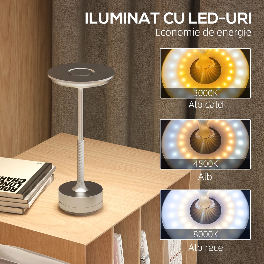 HOMCOM Lampă de masă Touch LED, Lampă de Noptieră Fără Fir cu Baterie Reîncărcabilă, 3 Tonuri de Lumină, Ø13x28,5 cm, Argintiu | Aosom Romania