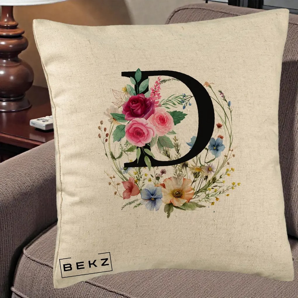 Cadou Personalizat - Perna Personalizata Monogram Litera D cu Flori Acuarela, 40x40 cm, Bej, Husa Detasabila, Perna Inclusa, BEKZ®