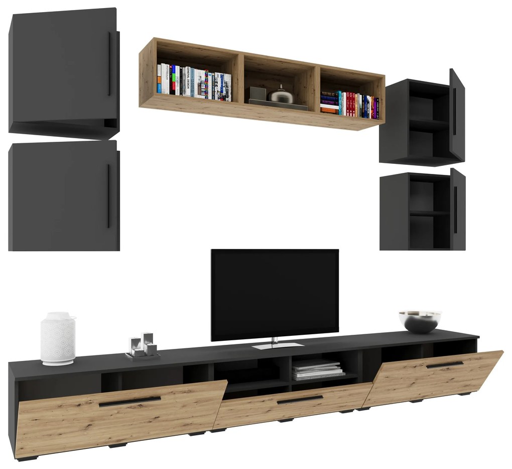 Living Kos V3, Antracit/Stejar Artisan, L 285 cm
