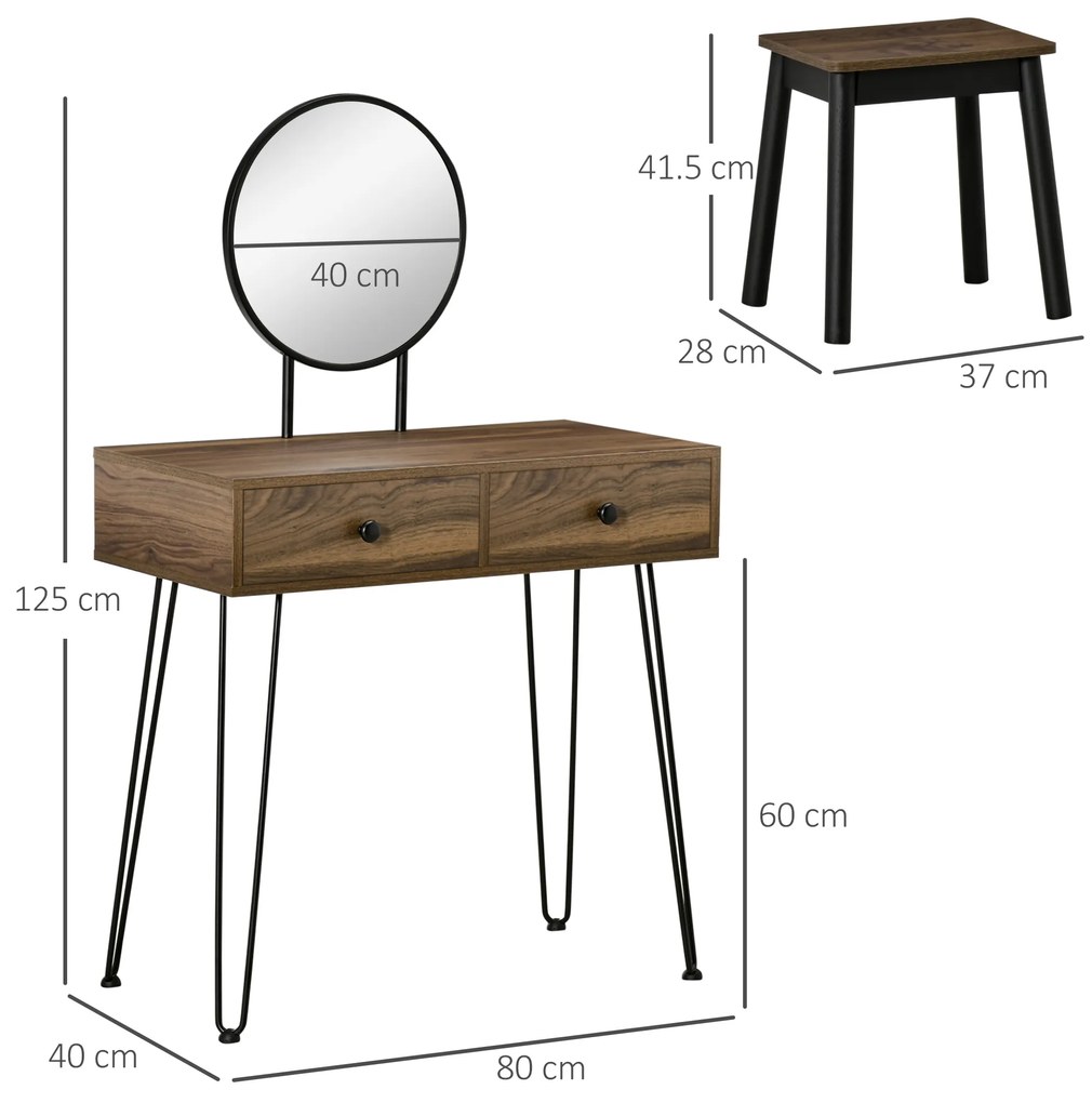HOMCOM Masa de Machiaj in Stil Industrial, Set Masa de Toaleta cu Taburet si Oglinda de Machiaj, Postatie de Machiaj din Lemn si Metal pentru cameră