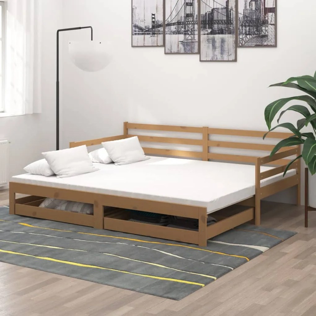 3083702 vidaXL Pat extensibil de zi, 2x(90x200)cm, maro miere, lemn masiv pin