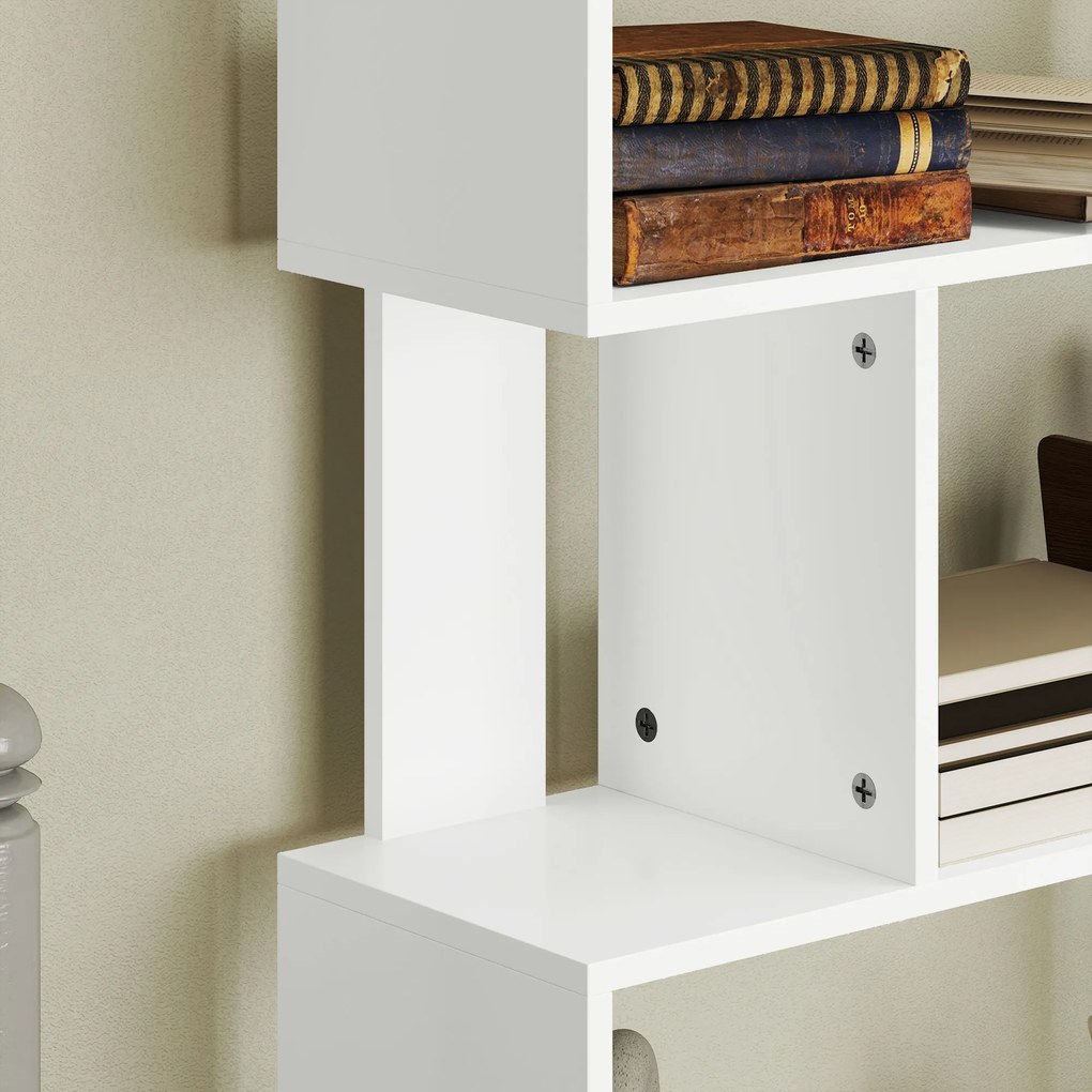 HOMCOM Bibliotecă Asimetrică în Formă de S cu 5 Niveluri și 10 Rafturi Deschise, 80x24x159 cm, Alb | Aosom Romania