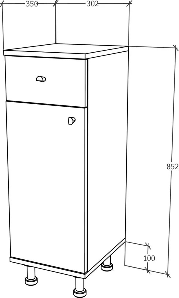 Corp Baie Zaria, 1 Sertar, 1 Usa, Gri Lucios/Alb, MDF, L 30 x l 35 x H 85 cm