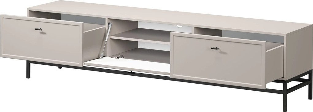 Comodă TV Lorini 200 cm cu sertare - culoare cașmir / mânere tip T-bar și cadru negre