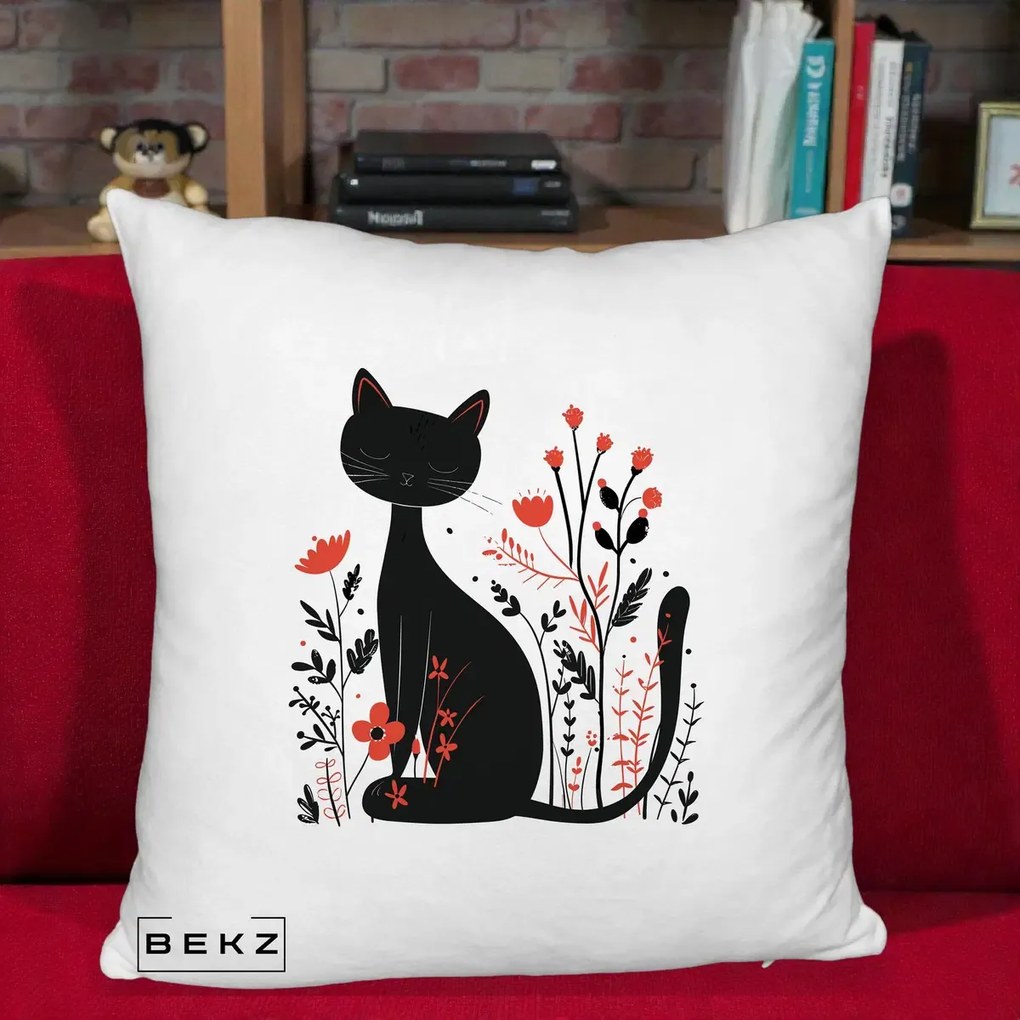 Perna Decorativa Pisica Neagra Flori Rosii Folk Minimal, 40x40 cm, Alb Pufos, Husa Detasabila, Perna Inclusa, BEKZ®