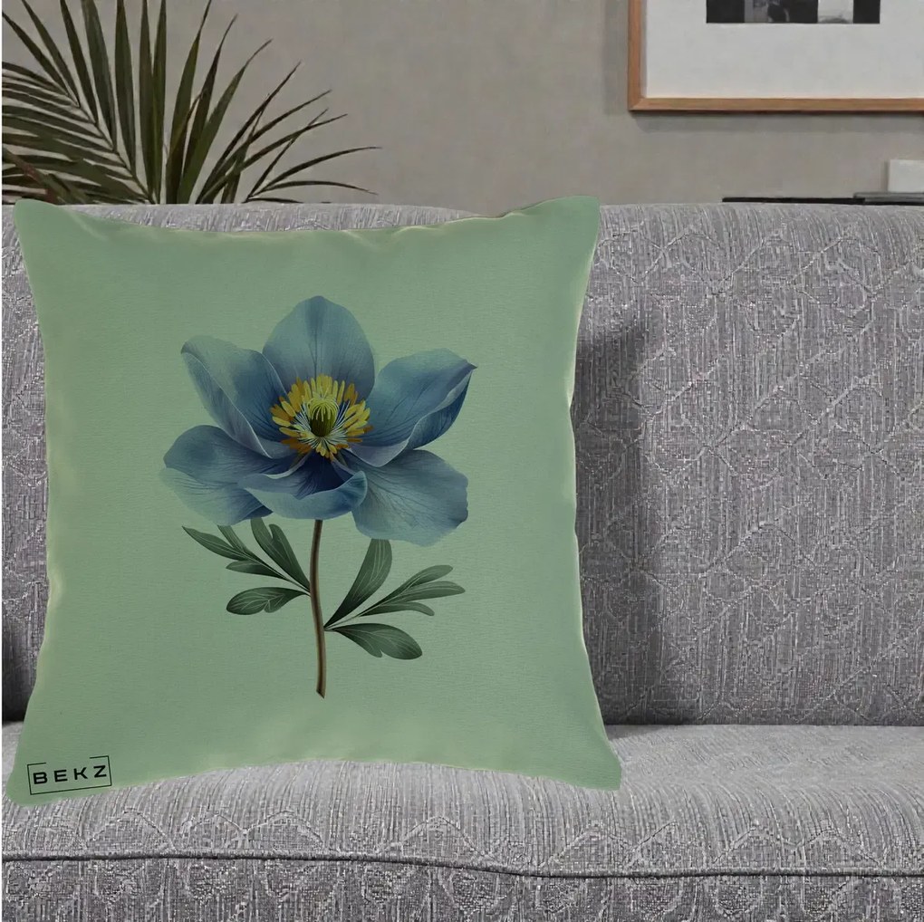 Perna Decorativa Anemona Albastra Botanica, 40x40 cm, Verde, Husa Detasabila, Perna Inclusa, BEKZ®