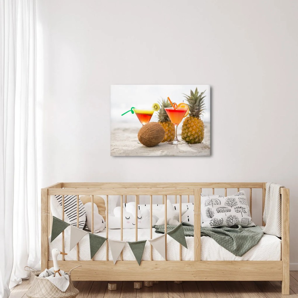Tablou cu ananas și pahare pe plajă (70x50 cm)