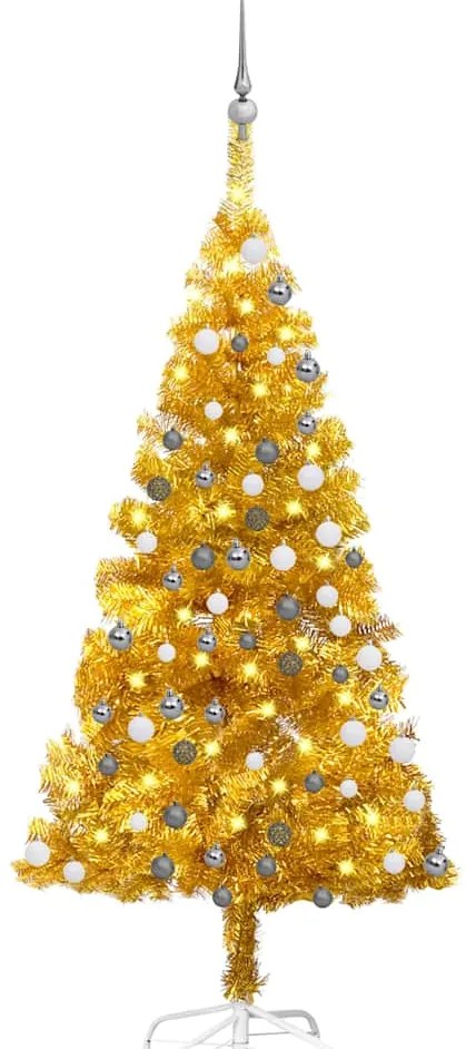 vidaXL Brad Crăciun pre-iluminat cu set globuri, auriu, 150 cm, PET