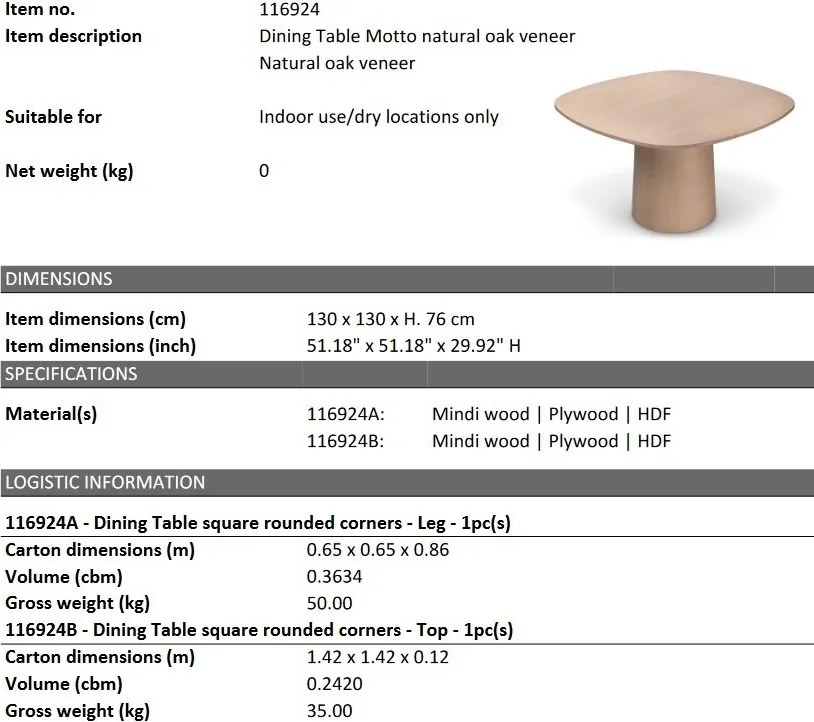 Masa design LUX Motto furnir stejar, 130x130cm