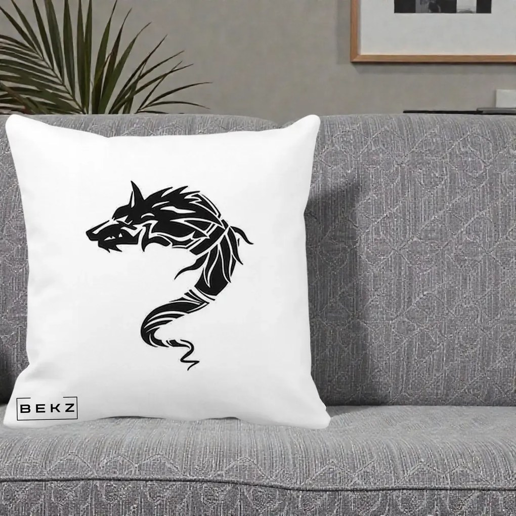 Perna Decorativa Lup Tribal Alb-Negru, 40x40 cm, Alba Mata, Husa Detasabila, Perna Inclusa, BEKZ®