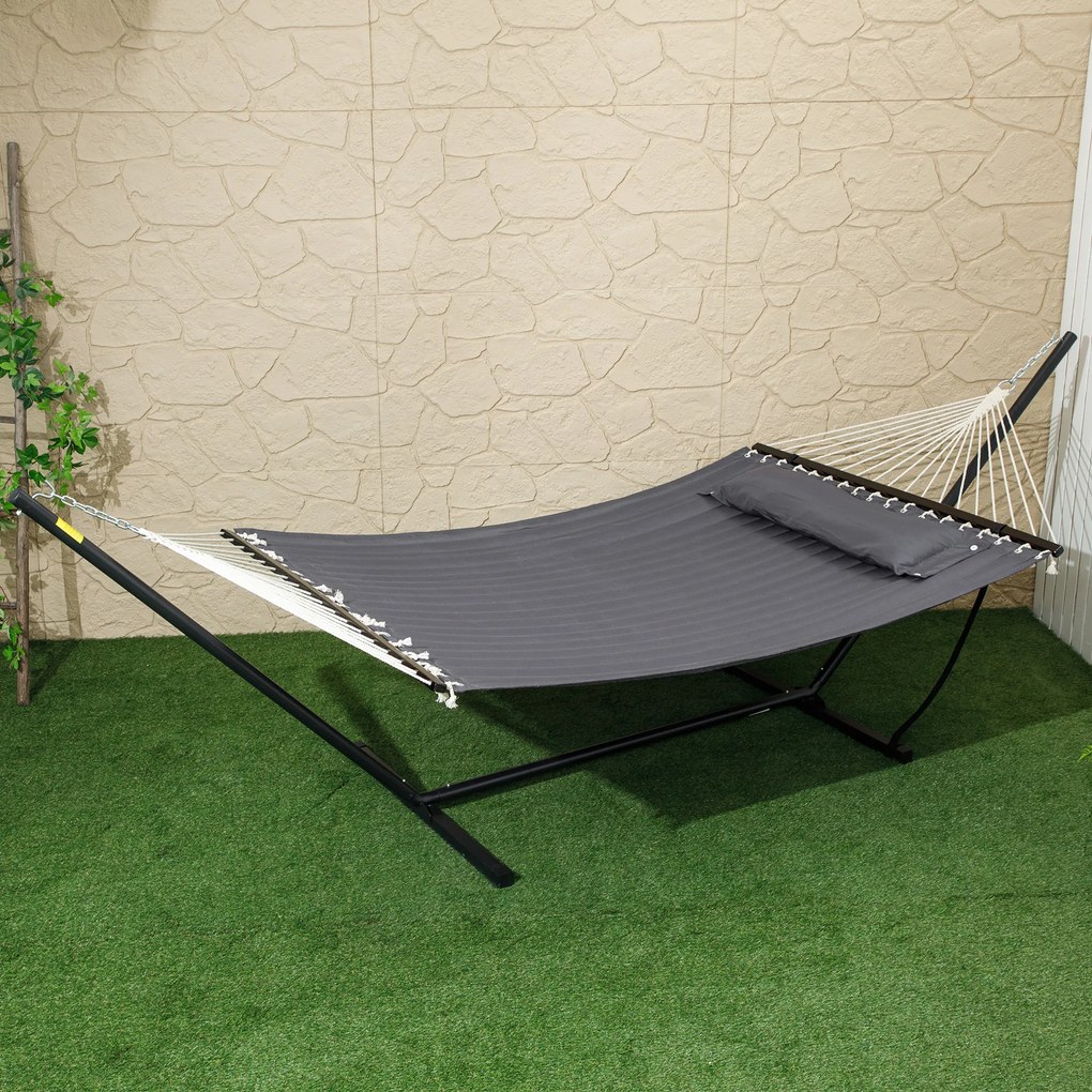 Outsunny Hamac de Grădină Portabil cu Structură, Pernă Integrată și Corzi de Siguranță, 368x93x110 cm, Gri Închis | Aosom Romania