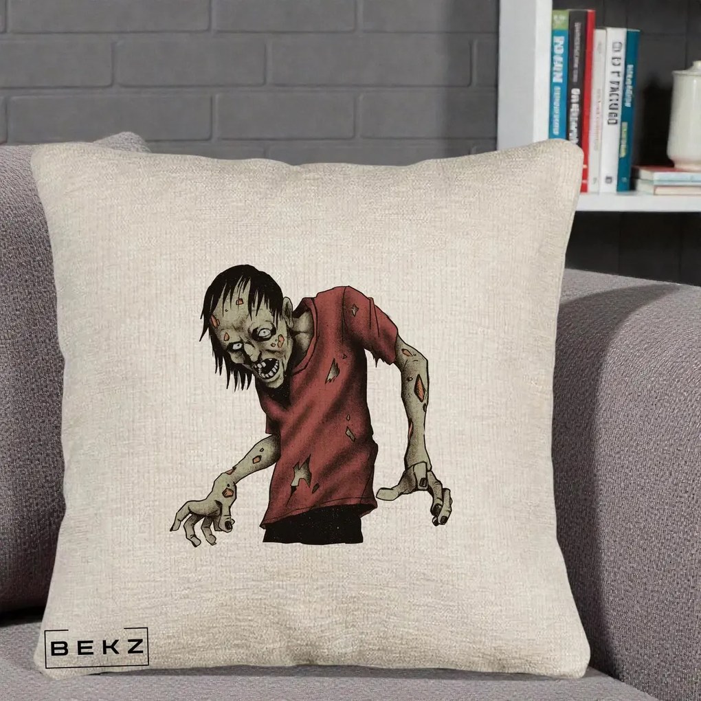 Perna Decorativa Halloween Zombie Infricosator, 40x40 cm, Bej Canapea, Husa Detasabila, Perna Inclusa, BEKZ®
