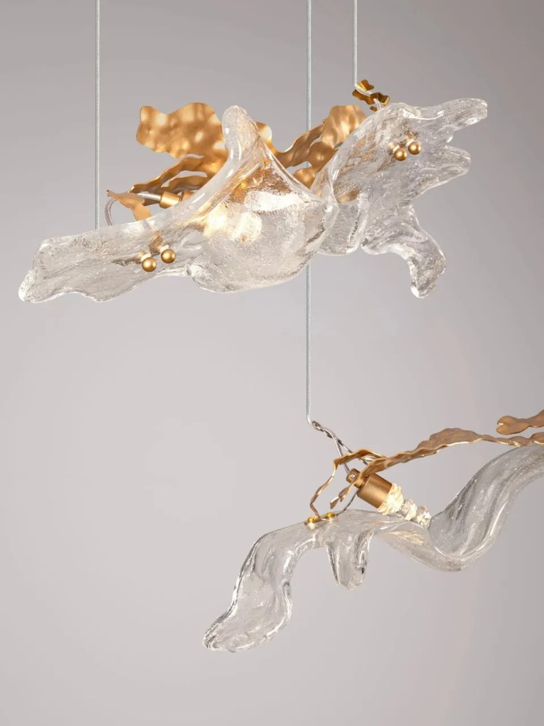 Lustra liniara cu pendule LED otel auriu si sticla transparenta AVESA