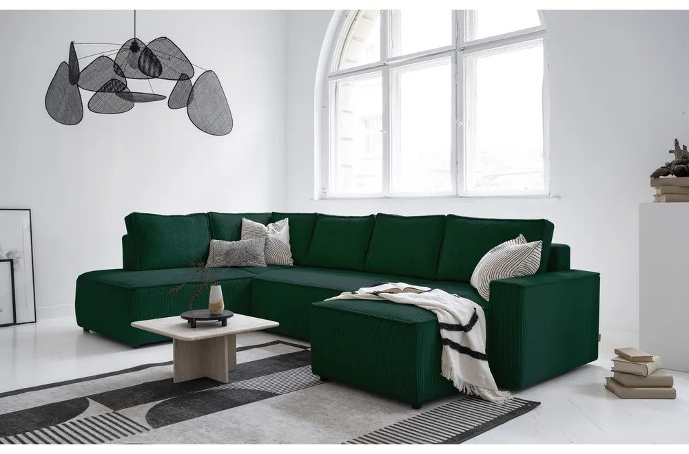 Colțar verde închis extensibil cu tapițerie din catifea reiată (cu colț pe partea stângă /în formă de "U") Brave Dave – Miuform