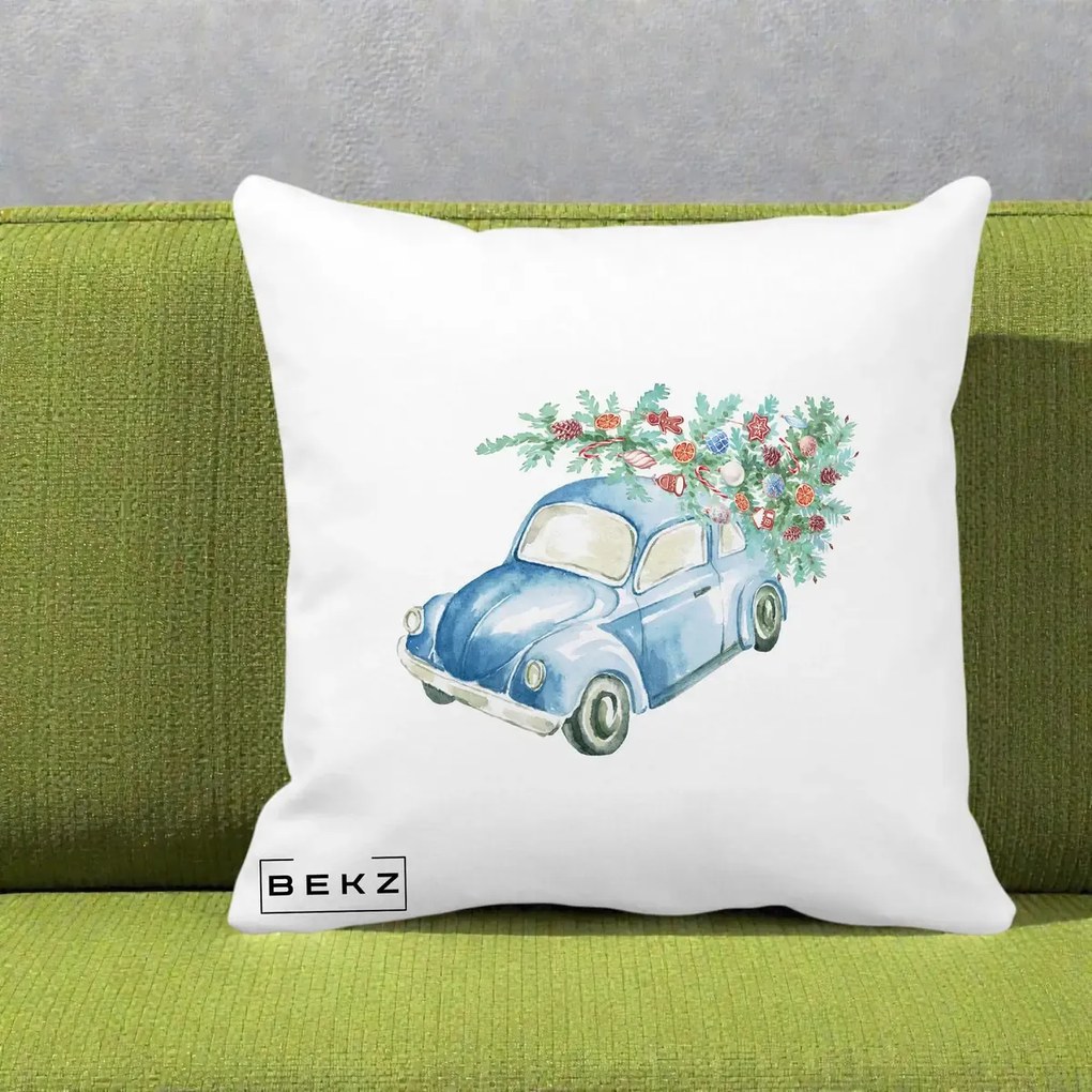 Perna Decorativa Masinuta Albastra cu Brad de Craciun, 40x40 cm, Alba Mata, Husa Detasabila, Perna Inclusa, BEKZ®
