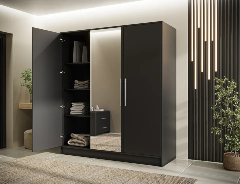Dulap cu 3 usi si oglinda Alarica 180x60x200 cm – Negru