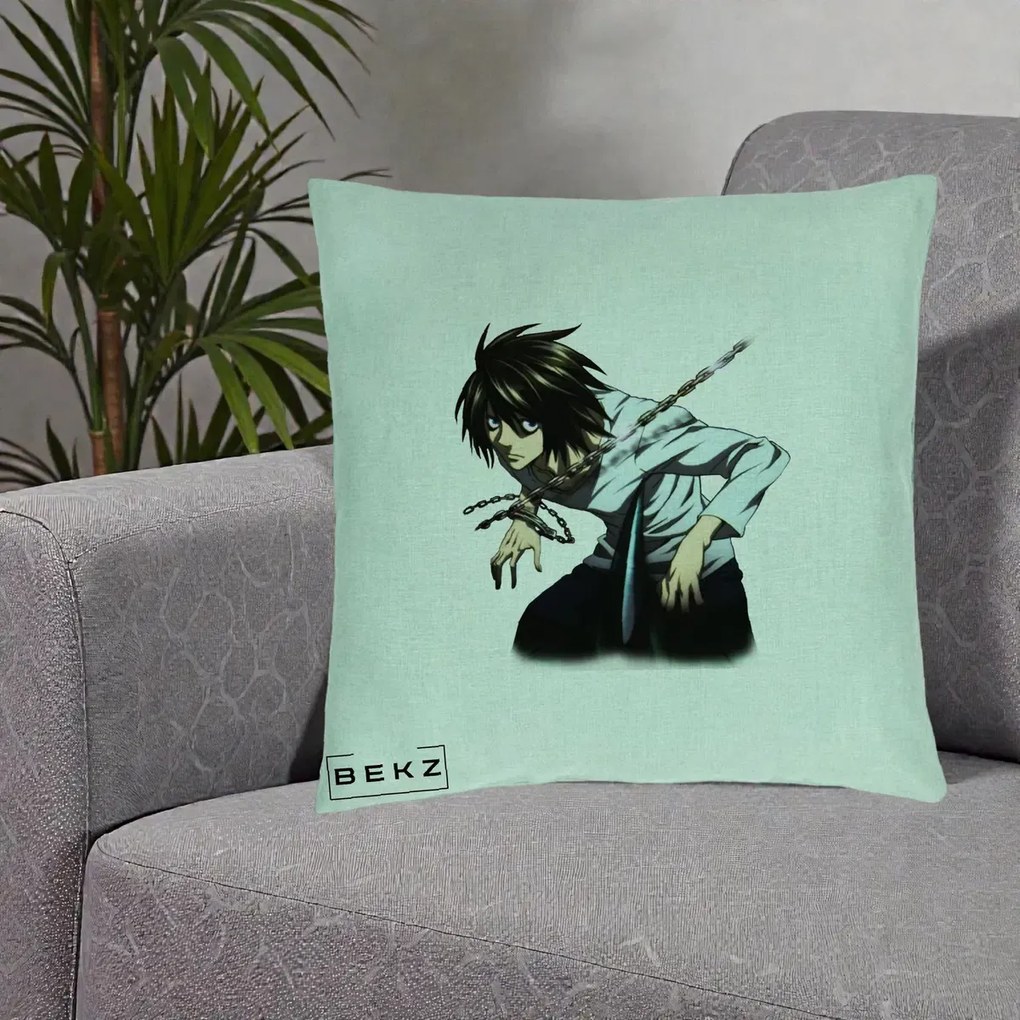 Perna Personalizata Death Note L Lawliet Lanturi, 40x40 cm, Verde Menta, Husa Detasabila, Perna Inclusa, BEKZ®