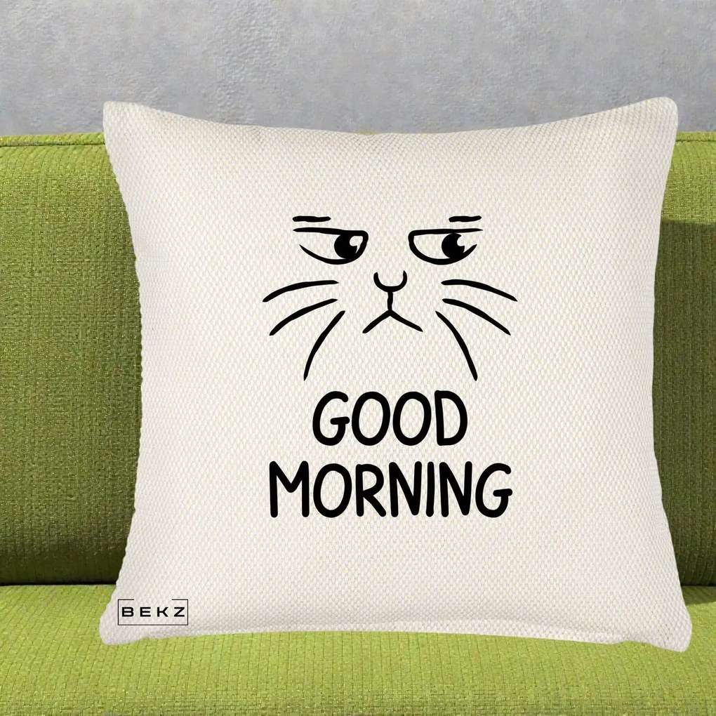 Perna Decorativa Pisica Morocanoasa Good Morning, 40x40 cm, Crem Reliefat, Husa Detasabila, Perna Inclusa, BEKZ®