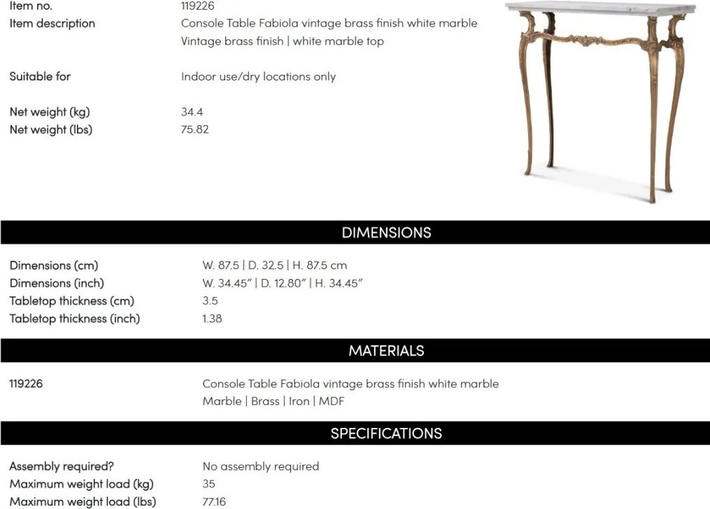 Consola LUX cu blat din marmura alba Fabiola