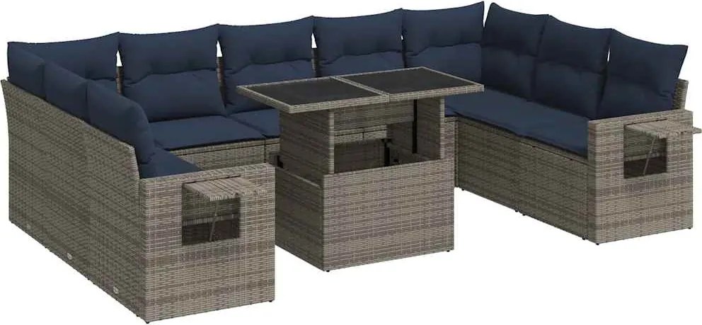 vidaXL Set mobilier de grădină cu perne, 10 piese, gri, poliratan
