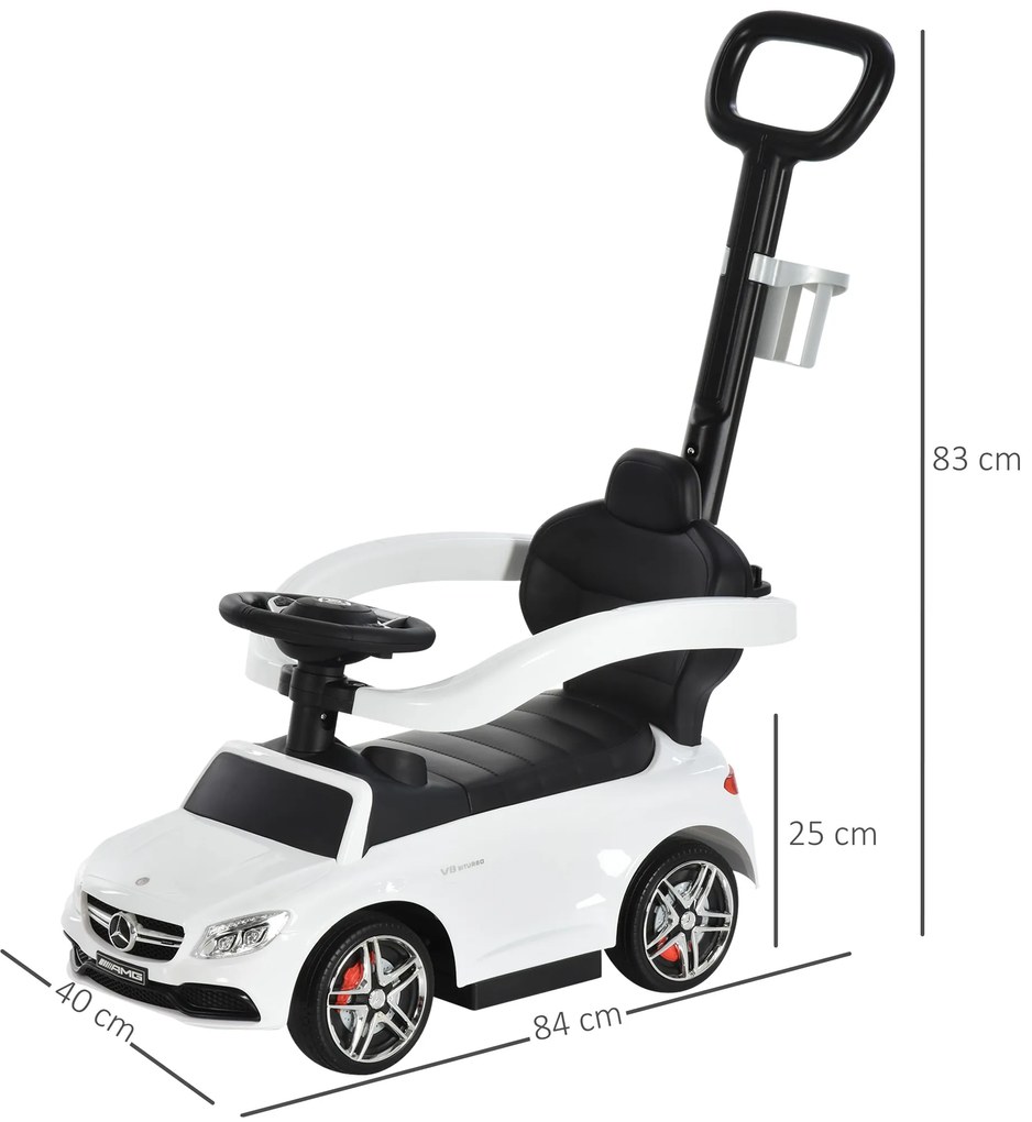 Masina pentru copii 12-36 luni HOMCOM cu maner si bare de siguranta detasabile, licenta Mercedes, alb | Aosom Romania