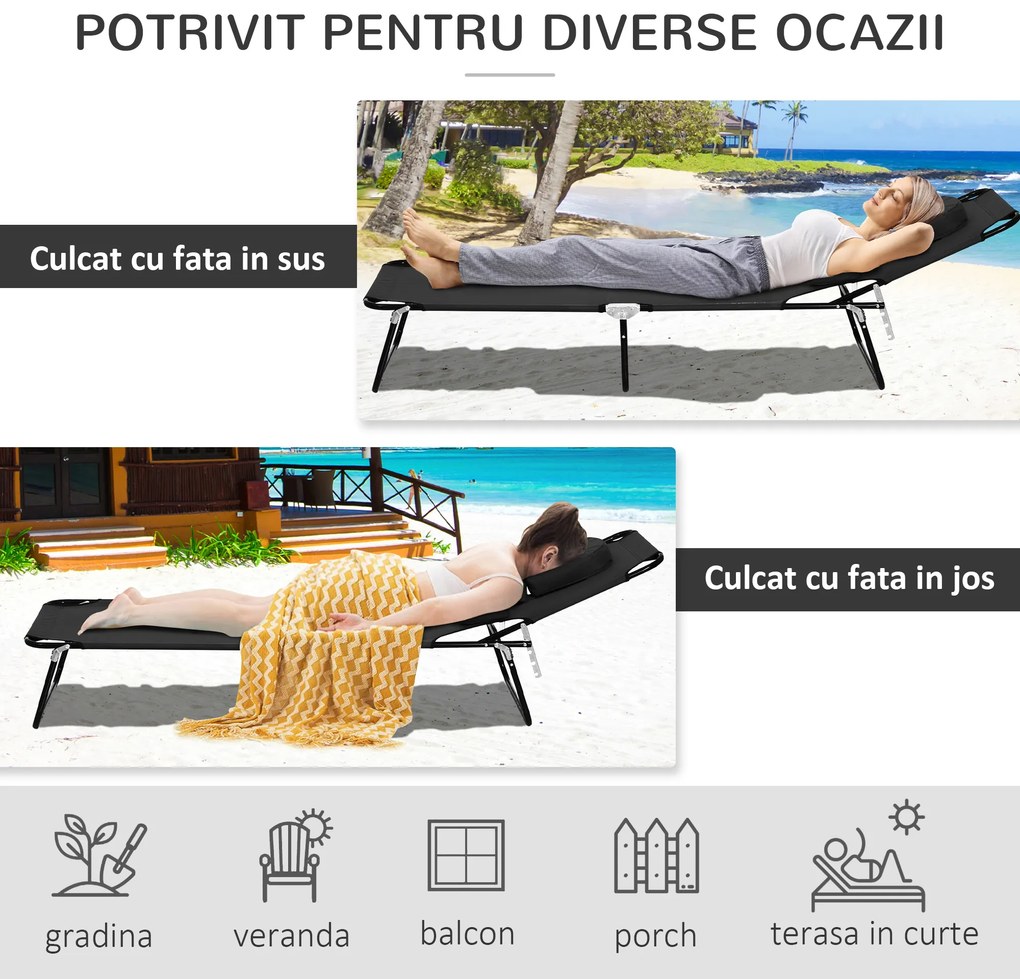 Sezlong Pliabil Outsunny cu Orificiu pentru Fata si Perne, pentru Gradina, Plaja si Camping, Negru | Aosom Romania