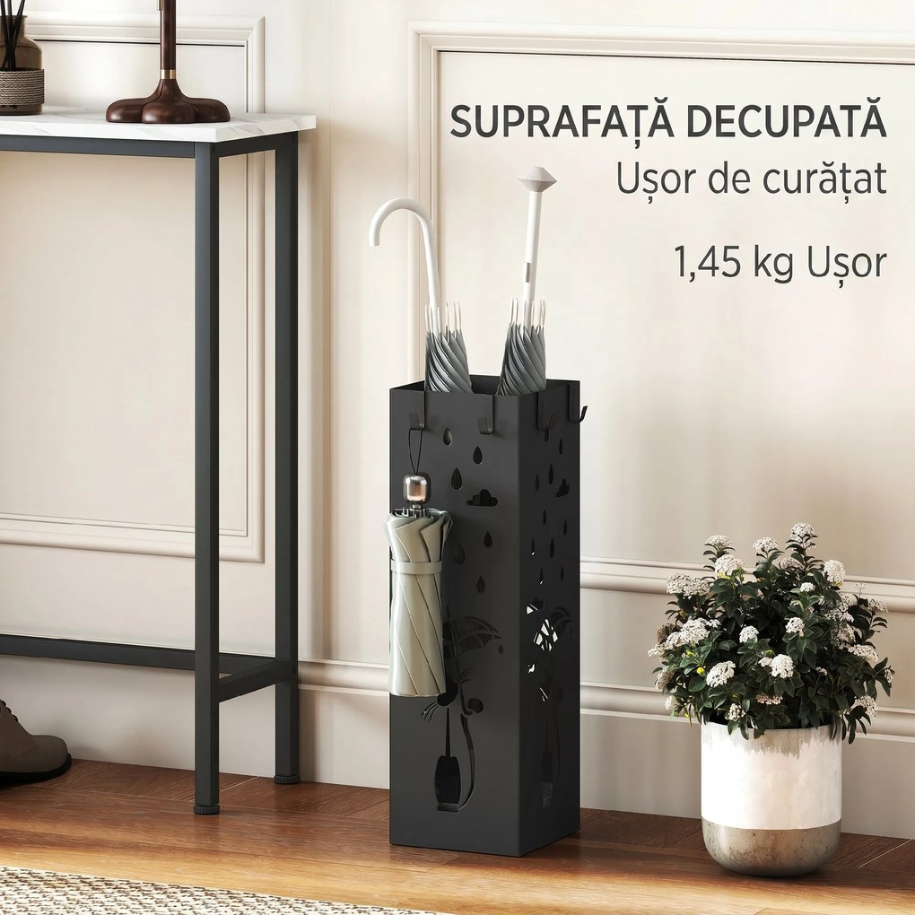 HOMCOM Suport de Umbrele Pătrat din Metal pentru Intrare, Suport Autoportant cu Tavă Detașabilă și 4 Cârlige, pentru Interior și Exterior, 15.5x15.5x49 cm, Negru | Aosom Romania