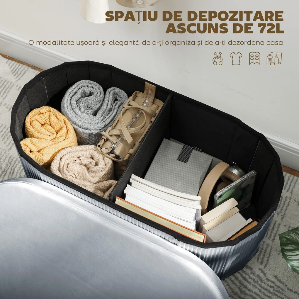 HOMCOM Taburet Pliabil cu Spațiu de Depozitare, Bancă Modernă Tapițată cu Catifea, Suport pentru Picioare cu Compartiment de 72L pentru Living și Dormitor, 76x38x35 cm, Gri Închis | Aosom Romania
