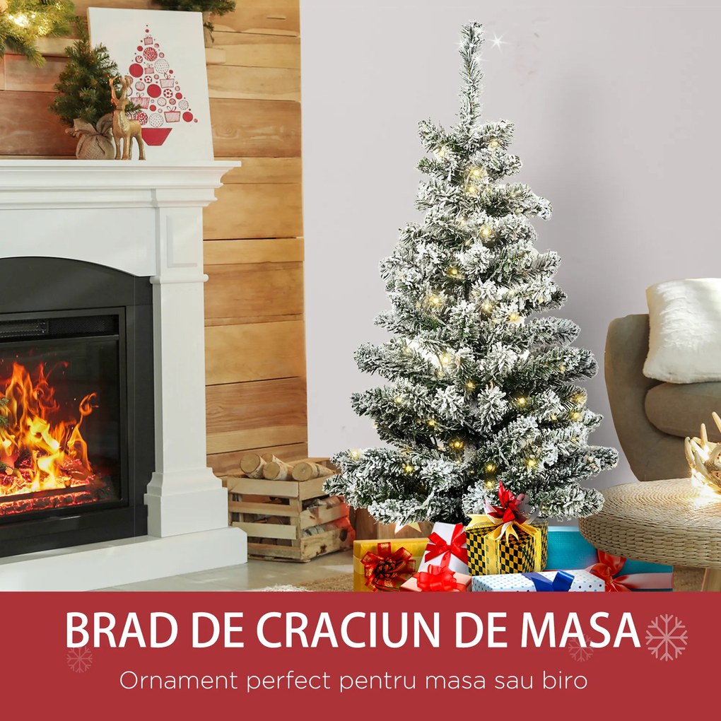 Brad de Craciun Artificial Inzapezit 60 de Lumini LED Albe si 116 Ramuri, Baza cu vas detasabil HOMCOM | Aosom RO