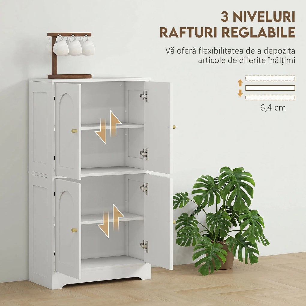 HOMCOM Comodă Bucătărie, Dulap Bucătărie cu 2 Dulapuri, 4 Uși Arcuite, 2 Rafturi Reglabile, cu Dispozitiv Anti-Răsturnare, 60x30x110 cm, pentru Sala de Masă, Living, Alb | Aosom Romania