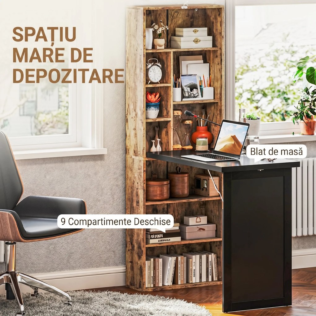 HOMCOM Birou Modern Pliabil cu Bibliotecă și Tablă, din Lemn și Metal, 98x51x153 cm, Maro Rustic | Aosom Romania