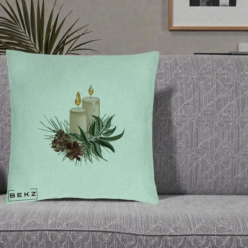 Perna Decorativa Lumanari cu Ilex si Conuri Ilustratie, 40x40 cm, Verde Menta, Husa Detasabila, Perna Inclusa, BEKZ®