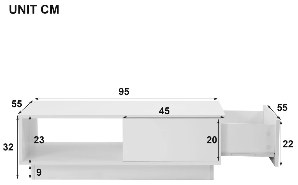 Măsuță de Cafea Modernă cu Iluminare LED Multicoloră în 15 Moduri, din MDF și Plăci de Particule, 95x55x32 cm, Albă